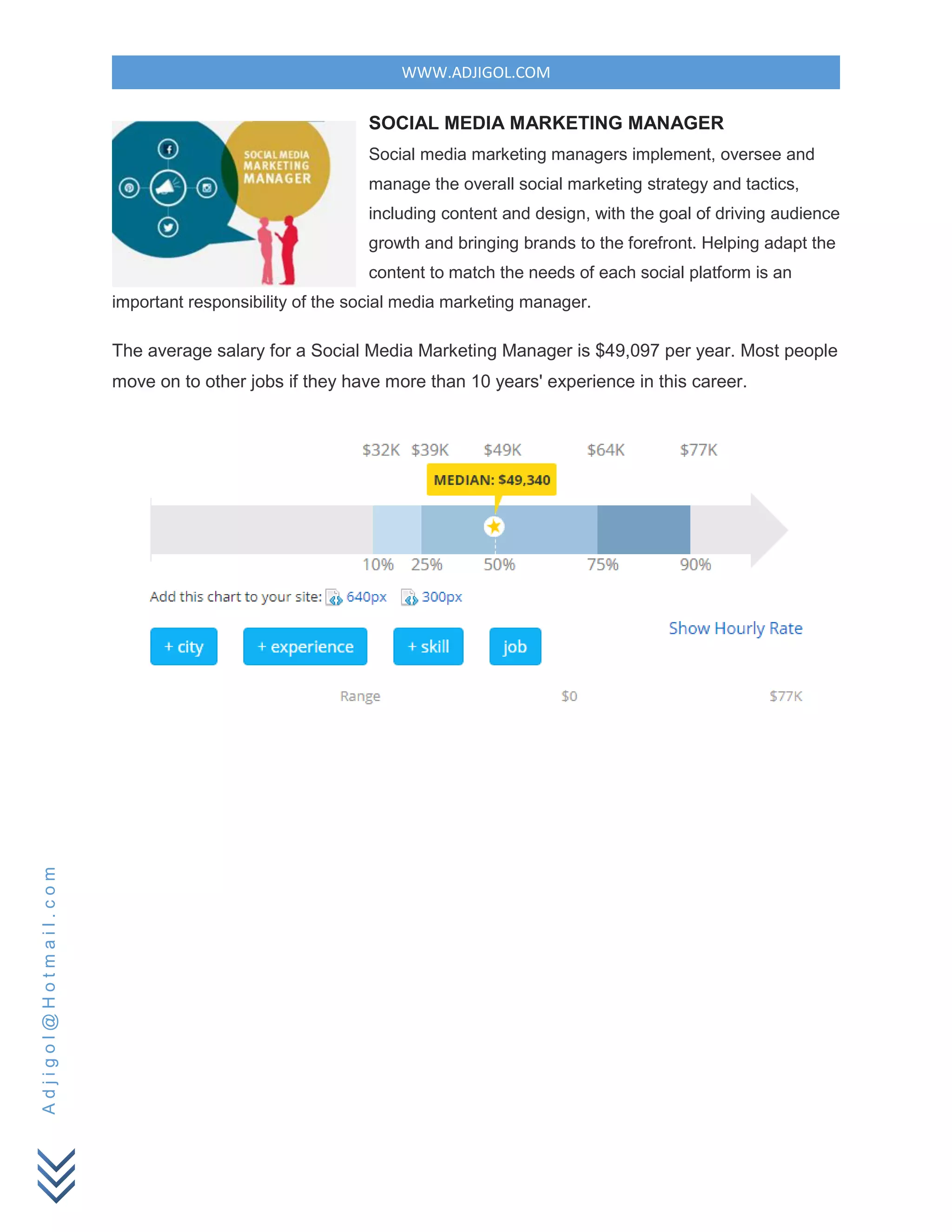 WWW.ADJIGOL.COM
Adjigol@Hotmail.com
SOCIAL MEDIA MARKETING MANAGER
Social media marketing managers implement, oversee and
manage the overall social marketing strategy and tactics,
including content and design, with the goal of driving audience
growth and bringing brands to the forefront. Helping adapt the
content to match the needs of each social platform is an
important responsibility of the social media marketing manager.
The average salary for a Social Media Marketing Manager is $49,097 per year. Most people
move on to other jobs if they have more than 10 years' experience in this career.
 