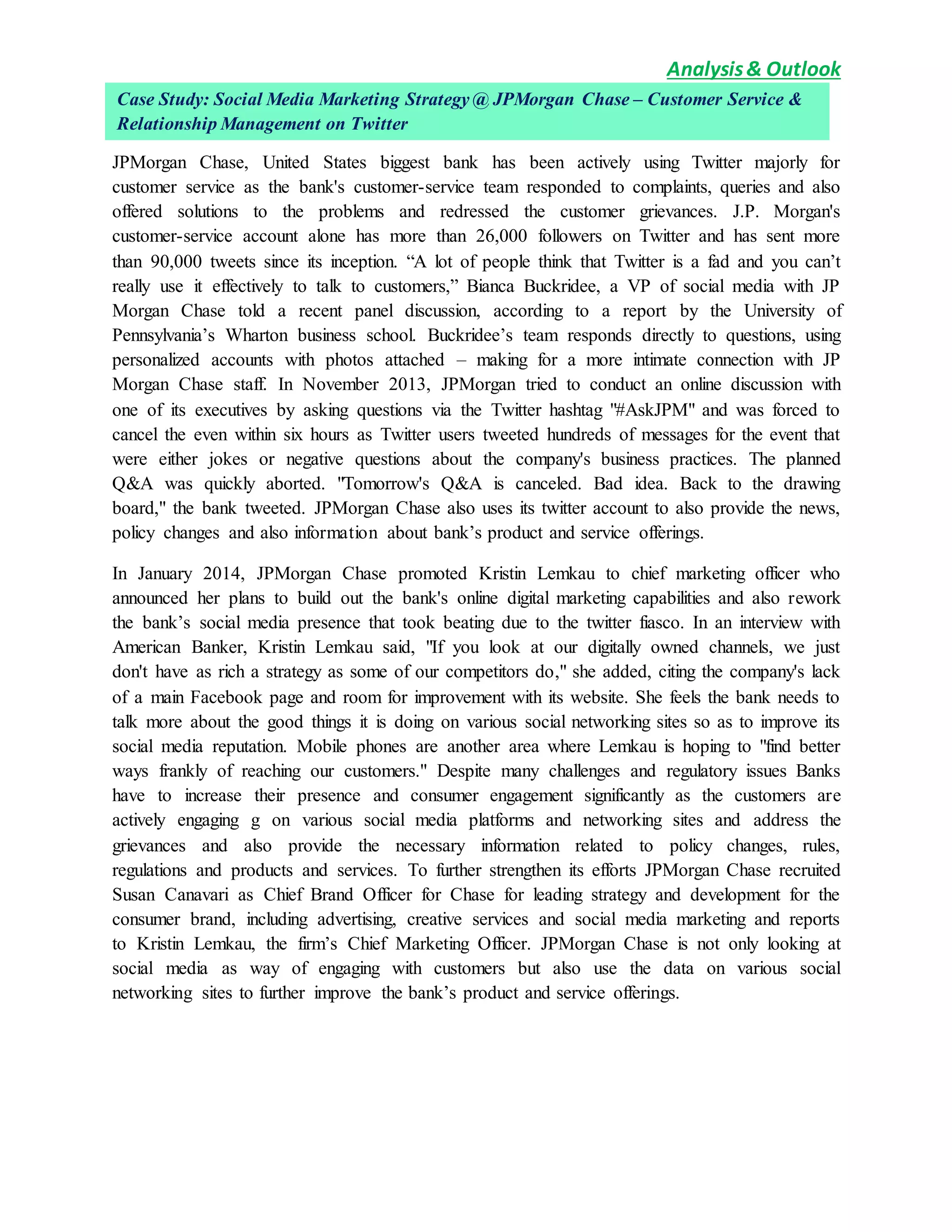Case Study: Social Media Marketing Strategy @ JPMorgan Chase – Customer  Service & Relationship Management on Twitter | DOCX
