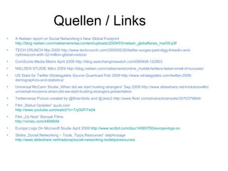 Quellen / Links A Nielsen report on Social Networking’s New Global Footprint  http://blog.nielsen.com/nielsenwire/wp-content/uploads/2009/03/nielsen_globalfaces_mar09.pdf   TECH CRUNCH Mai 2009 http://www.techcrunch.com/2009/05/20/twitter-surges-past-digg-linkedin-and-nytimescom-with-32-million-global-visitors/  ComScore Media Metrix April 2009 http://blog.searchenginewatch.com/090408-122803 NIELSEN STUDIE März 2009 http://blog.nielsen.com/nielsenwire/online_mobile/twitters-tweet-smell-of-success/ US Stats for Twitter iStrategylabs Source Quantcast Feb 2009 http://www.istrategylabs.com/twitter-2009-demographics-and-statistics/ Universal McCann Studie „When did we start trusting strangers“ Sep 2008 http://www.slideshare.net/mickstravellin/universal-mccanns-when-did-we-start-trusting-strangers-presentation Twitterverse Picture created by @BrianSolis and @Jess3 http://www.flickr.com/photos/briansolis/3570379944/ Film „Status Updates“ quub.com  http://www.youtube.com/watch?v=7cjG0FtTe04 Film „Us Now“ Banyak Films  http://vimeo.com/4489849 Europe Logs On Microsoft Studie April 2009  http://www.scribd.com/doc/14065700/europe-logs-on Slides „Social Networking – Tools, Tipps,Resources“ delphicsage  http://www.slideshare.net/tradocaj/social-networking-toolstipsresources 