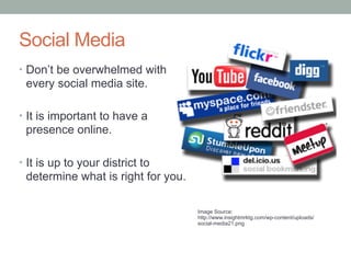 Social MediaDon’t be overwhelmed with every social media site.It is important to have a presence online. It is up to your district to determine what is right for you.Image Source: http://www.insightmrktg.com/wp-content/uploads/social-media21.png