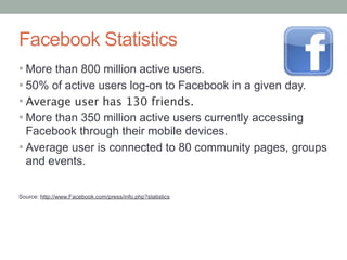 What is facebook?Facebook is a website intended to connect friends, family, and business associates. It is the largest of the networking sites.There are 2 page typesPersonal Profiles- Human BeingsBusiness/Fan Pages- Business/Orgainzation
