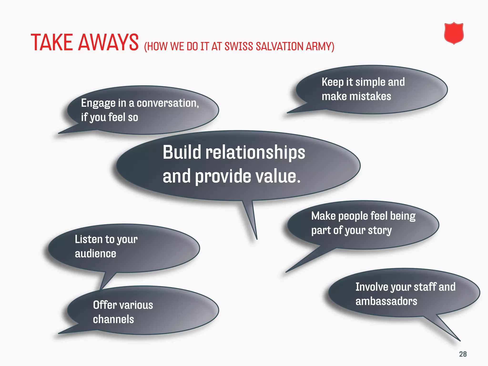 TAKE AWAYS (HOW WE DO IT AT SWISS SALVATION ARMY)
                                                   Keep it simple and
                                                   make mistakes
        Engage in a conversation,
        if you feel so


                           Build relationships
                           and provide value.
                                                 Make people feel being
                                                 part of your story
       Listen to your
       audience

                                                          Involve your staff and
           Offer various                                  ambassadors
           channels

                                                                                   28
 