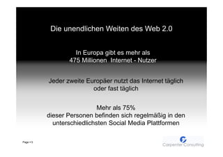 Die unendlichen Weiten des Web 2.0


                    In Europa gibt es mehr als
                  475 Millionen Internet - Nutzer


           Jeder zweite Europäer nutzt das Internet täglich
                          oder fast täglich


                             Mehr als 75%
           dieser Personen befinden sich regelmäßig in den
             unterschiedlichsten Social Media Plattformen

Page   5
 