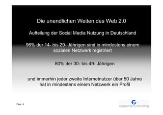 Die unendlichen Weiten des Web 2.0

            Aufteilung der Social Media Nutzung in Deutschland

           96% der 14- bis 29- Jährigen sind in mindestens einem
                       sozialen Netzwerk registriert

                        80% der 30- bis 49- Jährigen


           und immerhin jeder zweite Internetnutzer über 50 Jahre
                hat in mindestens einem Netzwerk ein Profil



Page   6
 