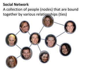 Social Network
A collection of people (nodes) that are bound
together by various relationships (ties)
 
