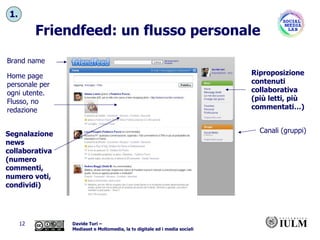 Friendfeed: un flusso personale Brand name Canali (gruppi) Home page personale per ogni utente.  Flusso, no redazione 1. Segnalazione news collaborativa (numero commenti, numero voti, condividi) Riproposizione contenuti collaborativa  (più letti, più commentati…) 