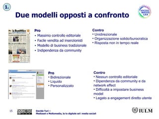 Due modelli opposti a confronto Pro Massimo controllo editoriale Facile vendita ad inserzionisti Modello di business tradizionale Indipendenza da community Pro Bidirezionale Liquido Personalizzato Contro Unidirezionale Organizzazione solido/burocratica Risposta non in tempo reale Contro Nessun controllo editoriale Dipendenza da community e da network effect   Difficoltà a   impostare business model Legato a engagement diretto utente 1. 