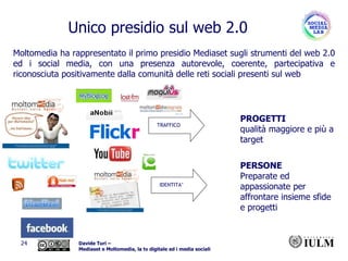 Moltomedia ha rappresentato il primo presidio Mediaset sugli strumenti del web 2.0 ed i social media, con una presenza autorevole, coerente, partecipativa e riconosciuta positivamente dalla comunità delle reti sociali presenti sul web  TRAFFICO IDENTITA’ PROGETTI qualità maggiore e più a target Unico presidio sul web 2.0 PERSONE Preparate ed appassionate per affrontare insieme sfide e progetti 
