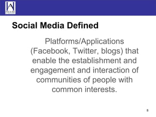 Social Media Defined Platforms/Applications (Facebook, Twitter, blogs) that enable the establishment and engagement and interaction of communities of people with common interests. 