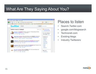 What Are They Saying About You?


                         Places to listen
                         •   Search.Twitter.co...