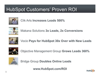 HubSpot Customers’ Proven ROI

     Cilk Arts Increases Leads 500%


     Makana Solutions 3x Leads, 2x Conversions


    ...