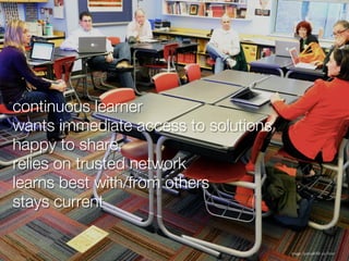 continuous learner
wants immediate access to solutions
happy to share
relies on trusted network
learns best with/from others
stays current

                                      Image: SpecialKRB via Flickr
 