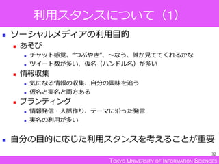 TOKYO UNIVERSITY OF INFORMATION SCIENCES
利用スタンスについて（1）
 ソーシャルメディアの利用目的
 あそび
 チャット感覚、“つぶやき”、～なう、誰か見ててくれるかな
 ツイート数が多い、仮名（ハンドル名）が多い
 情報収集
 気になる情報の収集、自分の興味を追う
 仮名と実名と両方ある
 ブランディング
 情報発信・人脈作り、テーマに沿った発言
 実名の利用が多い
 自分の目的に応じた利用スタンスを考えることが重要
32
 