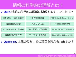 TOKYO UNIVERSITY OF INFORMATION SCIENCES
情報の科学的な理解とは？
 Quiz. 情報の科学的な理解に関係するキーワードは？
 Question. 上記のうち、どの項目を教えられますか？
8
コンピュータの仕組み
情報社会の安全
著作権の保護
プログラミングの基礎インターネットの仕組み
モデル化とシミュレーション
アルゴリズム
データベースの活用
ITを使った情報表現
情報社会の在り方
ネット上でのコミュニケーション
通信の仕組みと情報セキュリティ
 