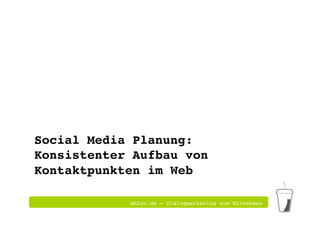 Social Media Planung:
Konsistenter Aufbau von
Kontaktpunkten im Web!

            dm2go.de – Dialogmarketing zum Mitnehmen!
 