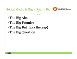 Social Media is Big – Really Big

  The Big Aha
  The Big Promise
  The Big But (aka the gap)
  The Big Question
 