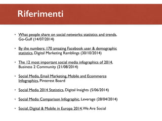 Diamo i Riferimneunmtei ri (sulla rete, in Italia) 
• What people share on social networks: statistics and trends, 
Go-Gulf (14/07/2014) 
• By the numbers: 170 amazing Facebook user & demographic 
statistics, Digital Marketing Ramblings (30/10/2014) 
• The 12 most important social media infographics of 2014, 
Business 2 Community (21/08/2014) 
• Social Media, Email Marketing, Mobile and Ecommerce 
Infographics, Pinterest Board 
• Social Media 2014 Statistics, Digital Insights (5/06/2014) 
• Social Media Comparison Infographic, Leverage (28/04/2014) 
• Social, Digital & Mobile in Europa 2014, We Are Social 
 
