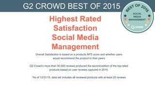 Overall Satisfaction is based on a products NPS score and whether users
would recommend the product to their peers
G2 Crowd’s more than 50,000 reviews produced the second edition of the top-rated
products based on user reviews captured in 2015.
*As of 12/31/15, data set includes all reviewed products with at least 20 reviews
G2 CROWD BEST OF 2015
Highest Rated
Satisfaction
Social Media
Management
 