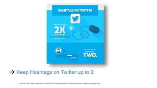  Keep Hashtags on Twitter up to 2
Source: http://www.postplanner.com/how-to-use-hashtags-on-twitter-facebook-instagram-google-plus/
 
