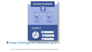  Keep Hashtags on Facebook up to 2
Source: http://www.postplanner.com/how-to-use-hashtags-on-twitter-facebook-instagram-google-plus/
 