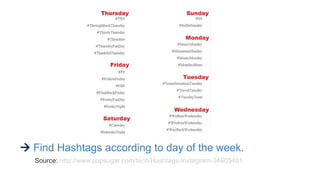 Find Hashtags according to day of the week.
Source: http://www.popsugar.com/tech/Hashtags-Instagram-34605401
 
