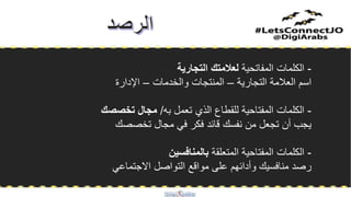 -‫المفاتحية‬ ‫الكلمات‬‫التجارية‬ ‫لعالمتك‬
‫التجارية‬ ‫العالمة‬ ‫اسم‬–‫والخدمات‬ ‫المنتجات‬–‫اإلدارة‬
-‫به‬ ‫تعمل‬ ‫الذي‬ ‫للقطاع‬ ‫المفتاحية‬ ‫الكلمات‬/‫تخصصك‬ ‫مجال‬
‫تخصصك‬ ‫مجال‬ ‫في‬ ‫فكر‬ ‫قائد‬ ‫نفسك‬ ‫من‬ ‫تجعل‬ ‫أن‬ ‫يجب‬
-‫المتعلقة‬ ‫المفتاحية‬ ‫الكلمات‬‫بالمنافسين‬
‫االجتماعي‬ ‫التواصل‬ ‫مواقع‬ ‫على‬ ‫وأدائهم‬ ‫منافسيك‬ ‫رصد‬
 