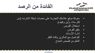 •‫اإلنترنت‬ ‫شبكة‬ ‫منصات‬ ‫على‬ ‫التجارية‬ ‫عالمتك‬ ‫موقع‬ ‫معرفة‬(‫من‬
‫وكيف‬ ‫وأين‬ ،‫ماذا‬ ‫قال‬)
•‫الفرص‬ ‫استغالل‬
•‫الفرص‬ ‫خلق‬
•‫األزمات‬ ‫إدارة‬
•‫الفكر‬ ‫وقادة‬ ‫المأثرين‬ ‫مع‬ ‫التواصل‬
•‫النجاح‬ ‫قصص‬ ‫من‬ ‫التعلم‬
 