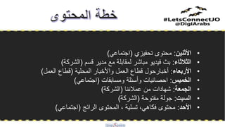 •‫األثنين‬:‫تحفيزي‬ ‫محتوى‬(‫اجتماعي‬)
•‫الثالثاء‬:‫قسم‬ ‫مدير‬ ‫مع‬ ‫لمقابلة‬ ‫مباشر‬ ‫فيديو‬ ‫بث‬(‫الشركة‬)
•‫األربعاء‬:‫المحلية‬ ‫واألخبار‬ ‫العمل‬ ‫قطاع‬ ‫أخبارحول‬(‫العمل‬ ‫قطاع‬)
•‫الخميس‬:‫ومسابقات‬ ‫وأسئلة‬ ‫احصائيات‬(‫اجتماعي‬)
•‫الجمعة‬:‫عمالئنا‬ ‫من‬ ‫شهادات‬(‫الشركة‬)
•‫السبت‬:‫مفتوحة‬ ‫جولة‬(‫الشركة‬)
•‫األحد‬:‫الرائج‬ ‫المحتوى‬ ، ‫تسلية‬ ،‫فكاهي‬ ‫محتوى‬(‫اجتماعي‬)
 