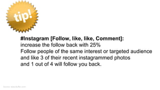 #Instagram [Follow, like, like, Comment]:
increase the follow back with 25%
Follow people of the same interest or targeted audience
and like 3 of their recent instagrammed photos
and 1 out of 4 will follow you back.
Source: www.Buffer.com/
 