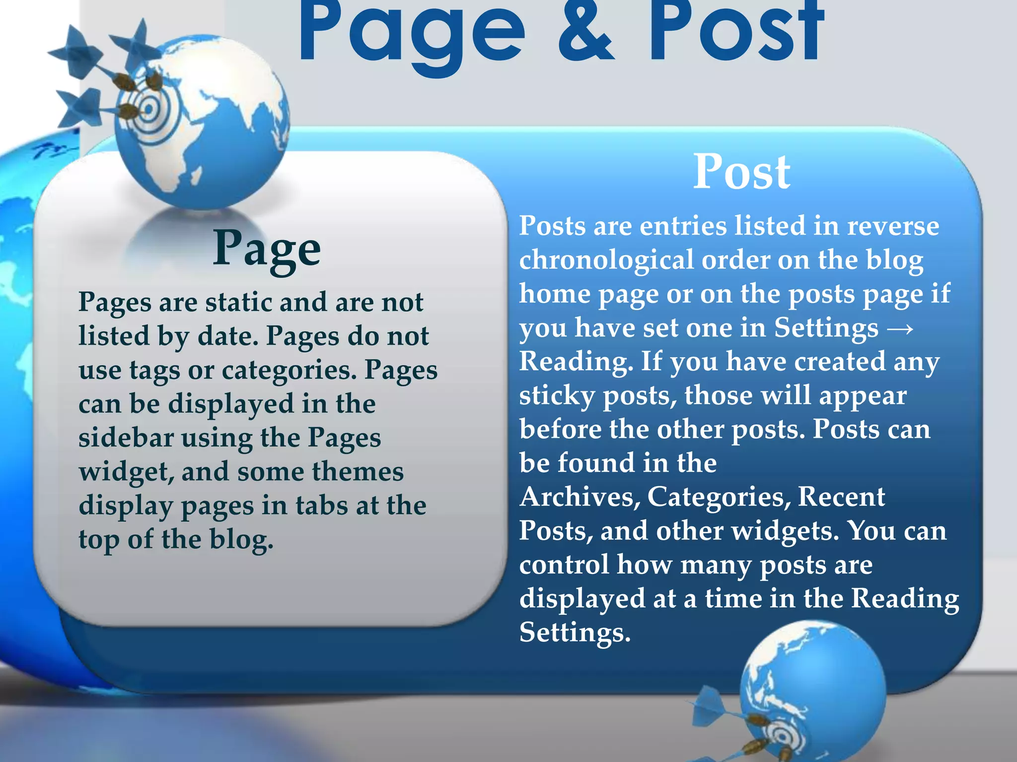 Page & Post
Post

Page
Pages are static and are not
listed by date. Pages do not
use tags or categories. Pages
can be displayed in the
sidebar using the Pages
widget, and some themes
display pages in tabs at the
top of the blog.

Posts are entries listed in reverse
chronological order on the blog
home page or on the posts page if
you have set one in Settings →
Reading. If you have created any
sticky posts, those will appear
before the other posts. Posts can
be found in the
Archives, Categories, Recent
Posts, and other widgets. You can
control how many posts are
displayed at a time in the Reading
Settings.

 