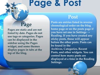 Page & Post
Post

Page
Pages are static and are not
listed by date. Pages do not
use tags or categories. Pages
can be displayed in the
sidebar using the Pages
widget, and some themes
display pages in tabs at the
top of the blog.

Posts are entries listed in reverse
chronological order on the blog
home page or on the posts page if
you have set one in Settings →
Reading. If you have created any
sticky posts, those will appear
before the other posts. Posts can
be found in the
Archives, Categories, Recent
Posts, and other widgets. You can
control how many posts are
displayed at a time in the Reading
Settings.

 