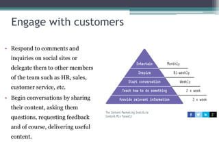Engage with customers
• Respond to comments and
inquiries on social sites or
delegate them to other members
of the team such as HR, sales,
customer service, etc.
• Begin conversations by sharing
their content, asking them
questions, requesting feedback
and of course, delivering useful
content.
 