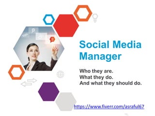 INFORMATION
TECHNOLOGY
Social Media
Manager
Who they are.
What they do.
And what they should do.
https://www.fiverr.com/asraful67
 