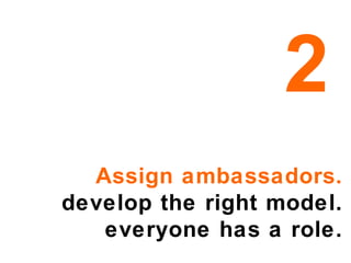 Assign ambassadors. develop the right model. everyone has a role. 2 