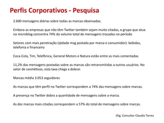 Perfis Corporativos - Pesquisa2.600 mensagens diárias sobre todas as marcas observadas. Embora as empresas que não têm Twitter também sejam muito citadas, o grupo que atua no microblog concentra 74% do volume total de mensagens trocadas no períodoSetores com mais penetração (qtdademsg postada por marca e consumidor): bebidas, telefonia e financeiroCoca-Cola, Tim, Telefônica, General Motors e Natura estão entre as mais comentadas11,2% das mensagens postadas sobre as marcas são retransmitidas a outros usuários. No setor de cosméticos, esta taxa chega a dobrar.Marcas média 3.053 seguidoresAs marcas que têm perfil no Twitter correspondem a 74% das mensagens sobre marcas.A presença no Twitter dobra a quantidade de mensagens sobre a marca.As dez marcas mais citadas correspondem a 57% do total de mensagens sobre marcas.iDig. Consultor Claudio Torres