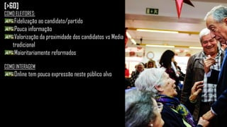 [>60]
COMO ELEITORES:
Fidelização ao candidato/partido
Pouca informação
Valorização da proximidade dos candidatos vs Media
tradicional
Maioritariamente reformados
COMO INTERAGEM
Online tem pouca expressão neste público alvo
 