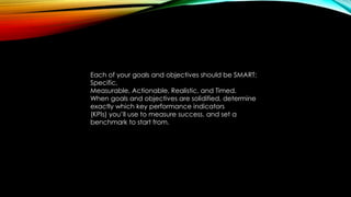 Each of your goals and objectives should be SMART:
Specific,
Measurable, Actionable, Realistic, and Timed.
When goals and ...