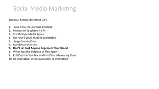 Social Media Marketing
10 Social Media Marketing Do’s
1. Save Time, Re-purpose Content.
2. Interaction is Where It’s At!
3. Try Multiple Media Types.
4. For Pete’s Sake! Make it Searchable.
5. Keep Calm in Crisis
6. Customize the Flow
7. Don’t Let Just Anyone Represent Your Brand
8. What Was the Purpose of This Again?
9. Pull Out the Tool Box and Find Your Measuring Tape
10. Be Innovative, or at Least Open to Innovation
 