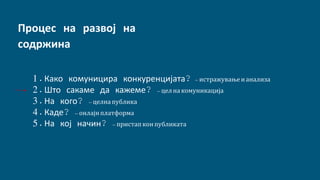 1.Како комуницира конкуренцијата? – истражувањеианализа
2.Што сакаме да кажеме? –целнакомуникација
3.На кого? –целнапублика
4.Каде? – онлајнплатформа
5.На кој начин? –пристапконпубликата
Процес на развој на
содржина
 