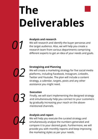 01
Analysis and research
We will research and identify the buyer personas and
the target audience. Also, we will help you create a
research team from various departments comprising
different experts to get an idea of your needs and goals.
The
Deliverables
02
03
Strategizing and Planning
We will create a marketing strategy for five social media
platforms, including Facebook, Instagram, LinkedIn,
Twitter and Youtube. The plan will include a content
strategy, a calendar, targets, posts and any other
assistance you might need.
Execution
Finally, we will start implementing the designed strategy
and simultaneously help you connect to your customers
by gradually increasing your reach on the above-
mentioned channels.
04
Analysis and report
We will help you execute the curated strategy and
simultaneously analyse the numbers generated and
compare it to your desired goals. Furthermore, we will
provide you with monthly reports and keep improving
the marketing styles as per your needs.
 