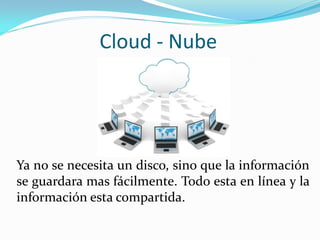Cloud - Nube




Ya no se necesita un disco, sino que la información
se guardara mas fácilmente. Todo esta en línea y la
información esta compartida.
 