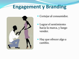 Engagement y Branding
          Cortejar al consumidor.


          Lograr el sentimiento
          hacia la marca, y luego
          vender.

          Hay que ofrecer algo a
          cambio.
 