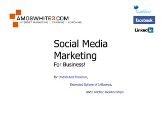 Amos White
Internet Marketing Training & Coaching
www.amoswhite3.com




                     Social Media
                     Marketing
                     For Business!

                     for Distributed Presence,

                                Extended Sphere of Influence,

                                            and Enriched Relationships
 