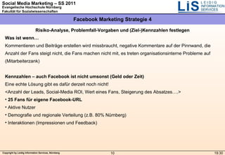 Facebook Marketing Strategie 4 19:30 <ul><li>Risiko-Analyse, Problemfall-Vorgaben und (Ziel-)Kennzahlen festlegen </li></u...