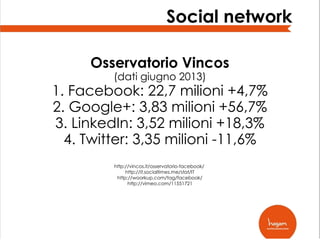 Social network
Osservatorio Vincos
(dati giugno 2013)

1. Facebook: 22,7 milioni +4,7%
2. Google+: 3,83 milioni +56,7%
3. LinkedIn: 3,52 milioni +18,3%
4. Twitter: 3,35 milioni -11,6%
http://vincos.it/osservatorio-facebook/
http://it.socialtimes.me/stat/IT
http://woorkup.com/tag/facebook/
http://vimeo.com/11551721

 