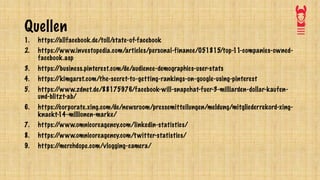 Quellen
1. https://allfacebook.de/toll/state-of-facebook
2. https://www.investopedia.com/articles/personal-finance/051815/top-11-companies-owned-
facebook.asp
3. https://business.pinterest.com/de/audience-demographics-user-stats
4. https://kimgarst.com/the-secret-to-getting-rankings-on-google-using-pinterest
5. https://www.zdnet.de/88175976/facebook-will-snapchat-fuer-3-milliarden-dollar-kaufen-
und-blitzt-ab/
6. https://corporate.xing.com/de/newsroom/pressemitteilungen/meldung/mitgliederrekord-xing-
knackt-14-millionen-marke/
7. https://www.omnicoreagency.com/linkedin-statistics/
8. https://www.omnicoreagency.com/twitter-statistics/
9. https://merchdope.com/vlogging-camera/
 