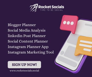 SIGN UP NOW!
Social Media Analysis
Social Content Planner
Instagram Marketing Tool
linkedin Post Planner
Instagram Planner App
Blogger Planner
www.rocketsocials.social
 