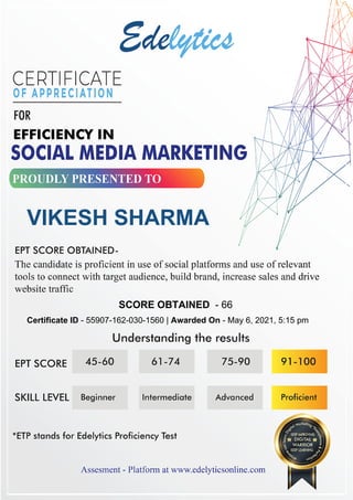 VIKESH SHARMA
SCORE OBTAINED - 66
Certificate ID - 55907-162-030-1560 | Awarded On - May 6, 2021, 5:15 pm
Powered by TCPDF (www.tcpdf.org)
 