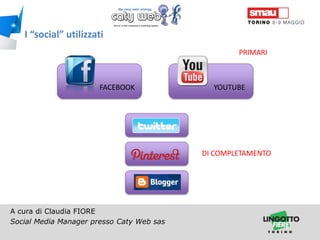 I “social” utilizzati
PRIMARI

FACEBOOK

YOUTUBE

DI COMPLETAMENTO

A cura di Claudia FIORE
Social Media Manager presso Caty Web sas
Titolo della presentazione

 