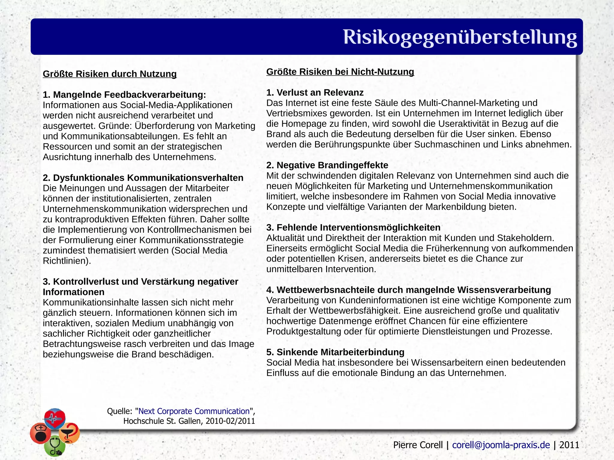 Risikogegenüberstellung
Größte Risiken durch Nutzung                             Größte Risiken bei Nicht-Nutzung

1. Mangelnde Feedbackverarbeitung:                       1. Verlust an Relevanz
Informationen aus Social-Media-Applikationen             Das Internet ist eine feste Säule des Multi-Channel-Marketing und
werden nicht ausreichend verarbeitet und                 Vertriebsmixes geworden. Ist ein Unternehmen im Internet lediglich über
ausgewertet. Gründe: Überforderung von Marketing         die Homepage zu finden, wird sowohl die Useraktivität in Bezug auf die
und Kommunikationsabteilungen. Es fehlt an               Brand als auch die Bedeutung derselben für die User sinken. Ebenso
Ressourcen und somit an der strategischen                werden die Berührungspunkte über Suchmaschinen und Links abnehmen.
Ausrichtung innerhalb des Unternehmens.
                                                         2. Negative Brandingeffekte
2. Dysfunktionales Kommunikationsverhalten               Mit der schwindenden digitalen Relevanz von Unternehmen sind auch die
Die Meinungen und Aussagen der Mitarbeiter               neuen Möglichkeiten für Marketing und Unternehmenskommunikation
können der institutionalisierten, zentralen              limitiert, welche insbesondere im Rahmen von Social Media innovative
Unternehmenskommunikation widersprechen und              Konzepte und vielfältige Varianten der Markenbildung bieten.
zu kontraproduktiven Effekten führen. Daher sollte
die Implementierung von Kontrollmechanismen bei          3. Fehlende Interventionsmöglichkeiten
der Formulierung einer Kommunikationsstrategie           Aktualität und Direktheit der Interaktion mit Kunden und Stakeholdern.
zumindest thematisiert werden (Social Media              Einerseits ermöglicht Social Media die Früherkennung von aufkommenden
Richtlinien).                                            oder potentiellen Krisen, andererseits bietet es die Chance zur
                                                         unmittelbaren Intervention.
3. Kontrollverlust und Verstärkung negativer
Informationen                                            4. Wettbewerbsnachteile durch mangelnde Wissensverarbeitung
Kommunikationsinhalte lassen sich nicht mehr             Verarbeitung von Kundeninformationen ist eine wichtige Komponente zum
gänzlich steuern. Informationen können sich im           Erhalt der Wettbewerbsfähigkeit. Eine ausreichend große und qualitativ
interaktiven, sozialen Medium unabhängig von             hochwertige Datenmenge eröffnet Chancen für eine effizientere
sachlicher Richtigkeit oder ganzheitlicher               Produktgestaltung oder für optimierte Dienstleistungen und Prozesse.
Betrachtungsweise rasch verbreiten und das Image
beziehungsweise die Brand beschädigen.                   5. Sinkende Mitarbeiterbindung
                                                         Social Media hat insbesondere bei Wissensarbeitern einen bedeutenden
                                                         Einfluss auf die emotionale Bindung an das Unternehmen.



               Quelle: "Next Corporate Communication",
                   Hochschule St. Gallen, 2010-02/2011


                                                                                      Pierre Corell | corell@joomla-praxis.de | 2011
 